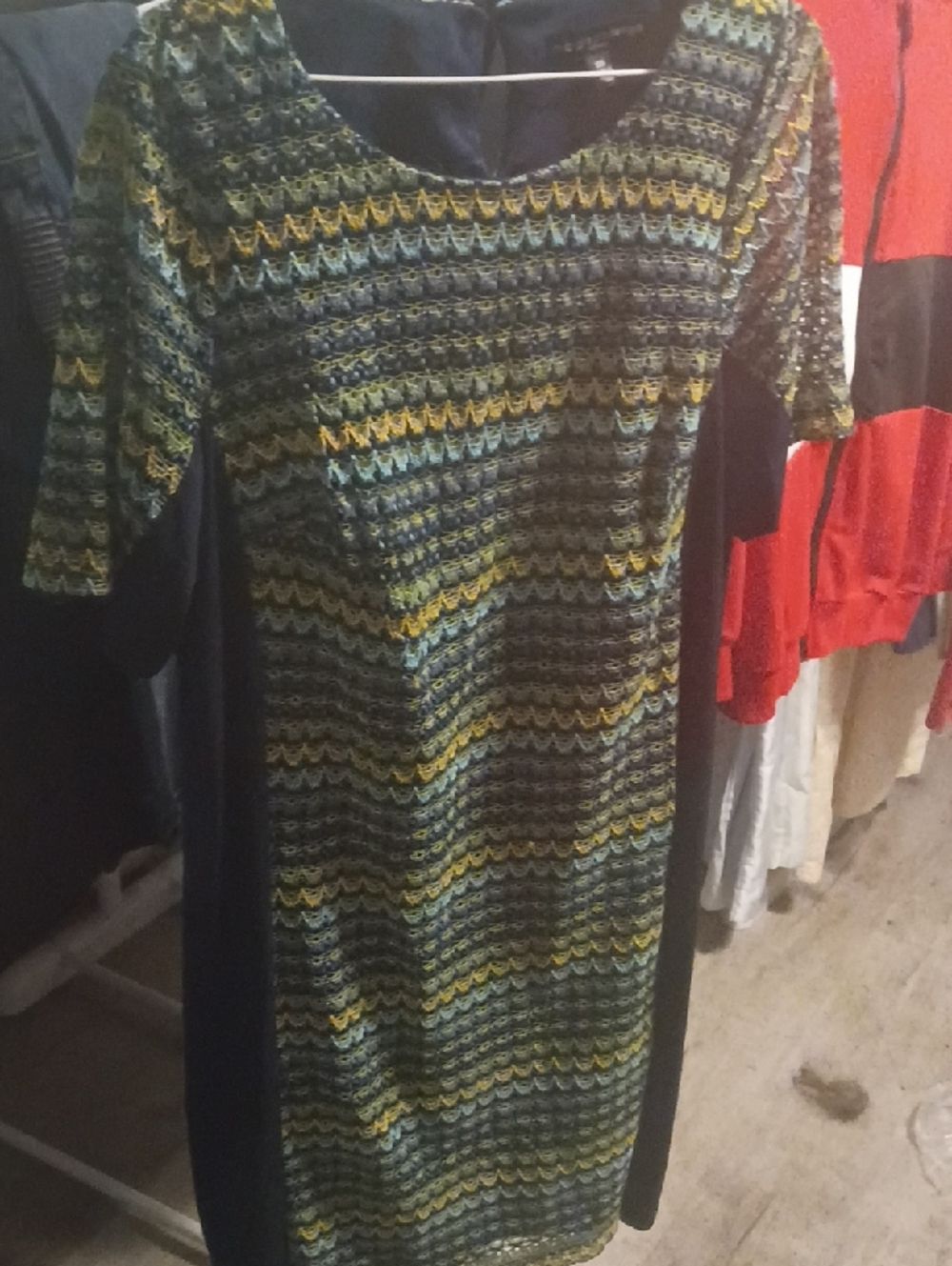 madison leigh Multicolor Green Patterned Knit Midi Dress with Black Panels